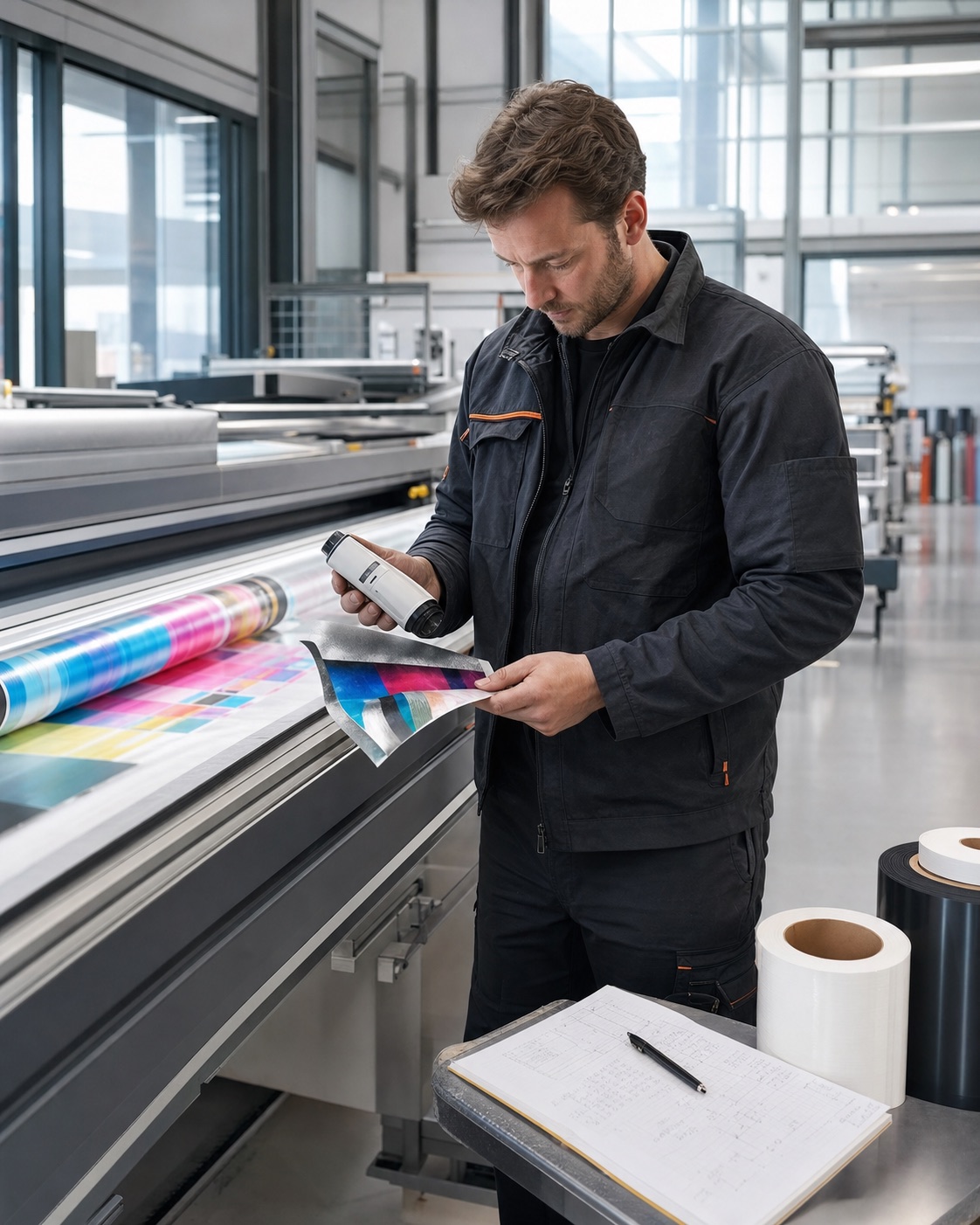 Engineer checking print quality in an industrial development facility