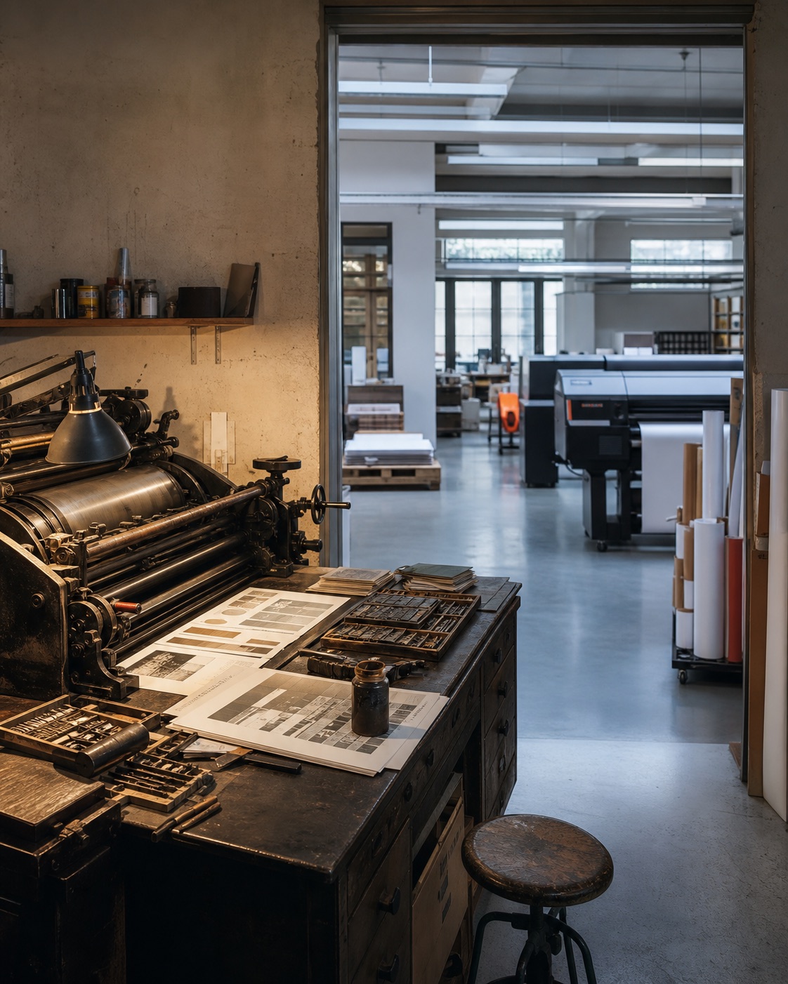 Historic printing equipment alongside a modern production facility