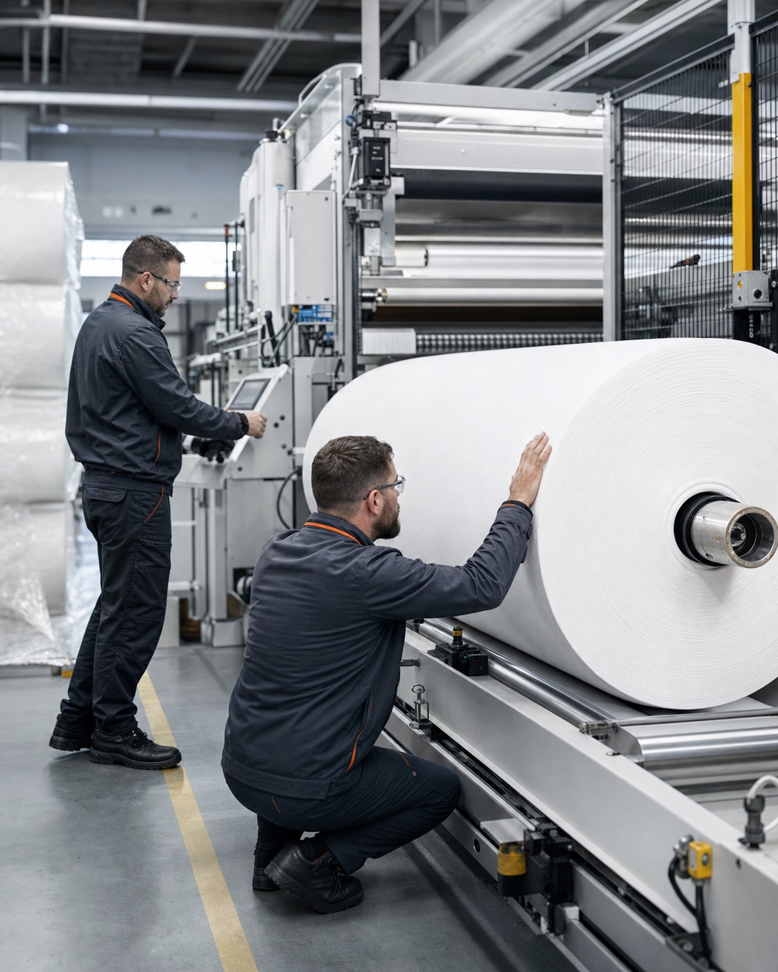 Production specialists inspecting nonwoven material manufacturing